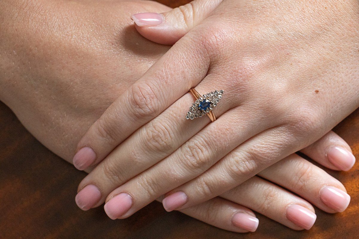 Antique Ring With Sapphire And Marquise-shaped Diamonds-photo-3