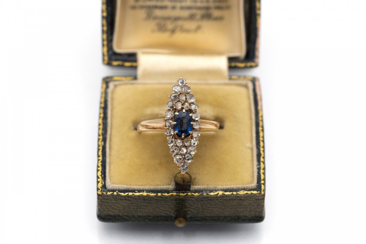 Antique Ring With Sapphire And Marquise-shaped Diamonds-photo-4