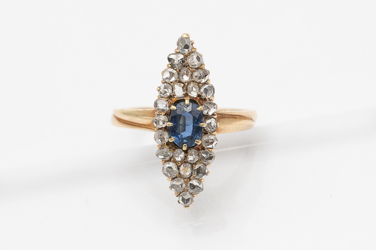 Antique Ring With Sapphire And Marquise-shaped Diamonds