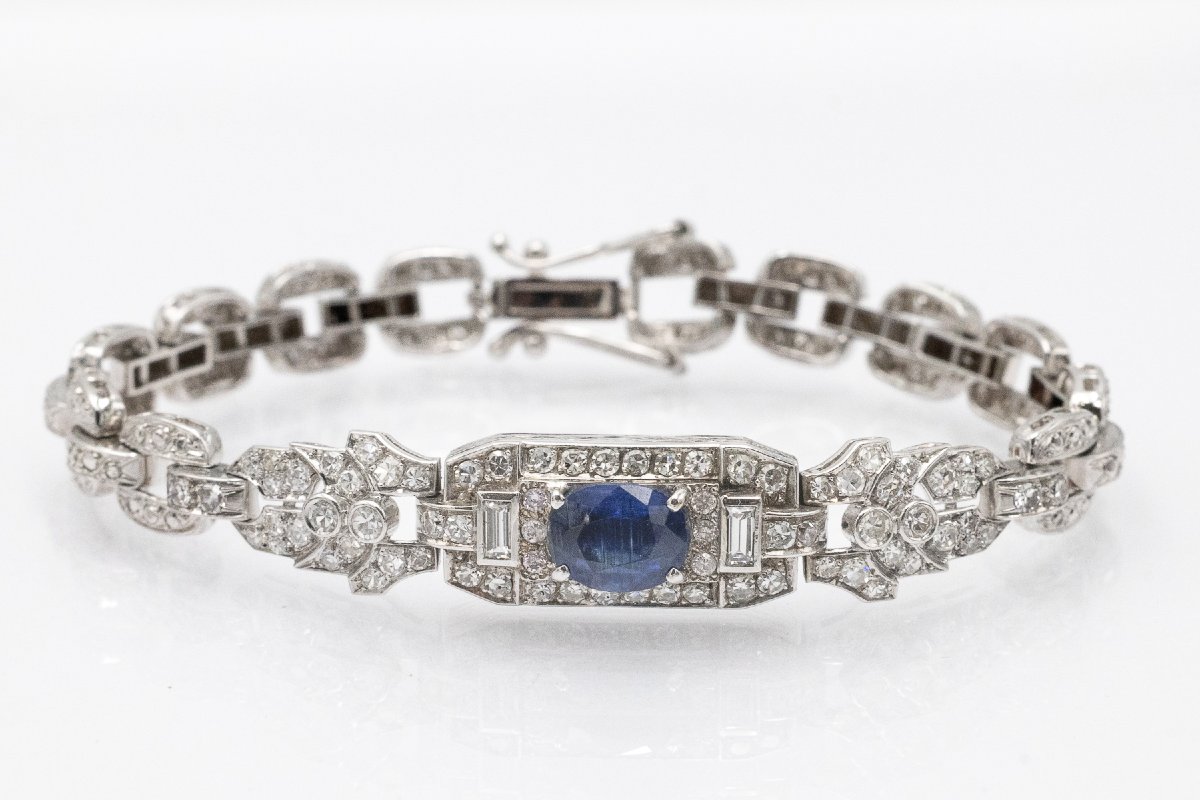 Exclusive White Gold Bracelet With Sapphire And Diamonds In Art Deco Style.-photo-3