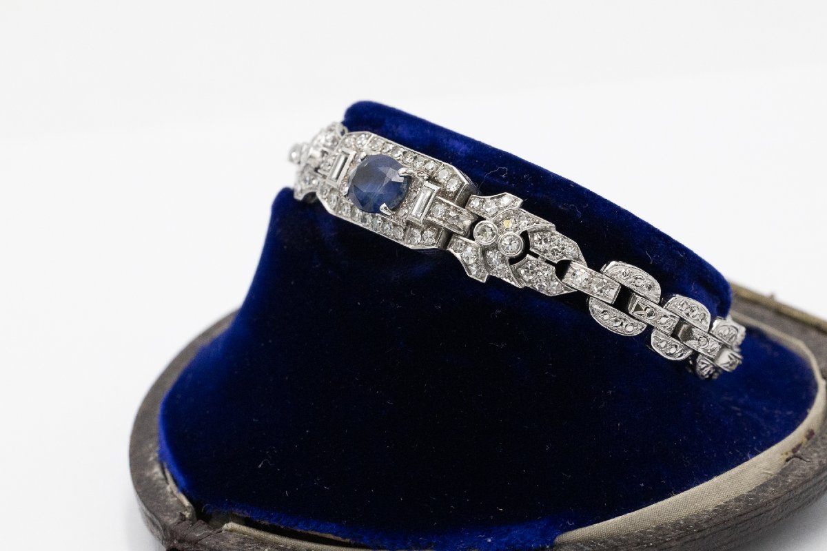 Exclusive White Gold Bracelet With Sapphire And Diamonds In Art Deco Style.-photo-3