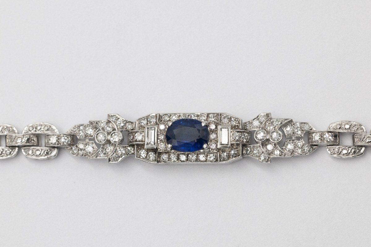 Exclusive White Gold Bracelet With Sapphire And Diamonds In Art Deco Style.-photo-6