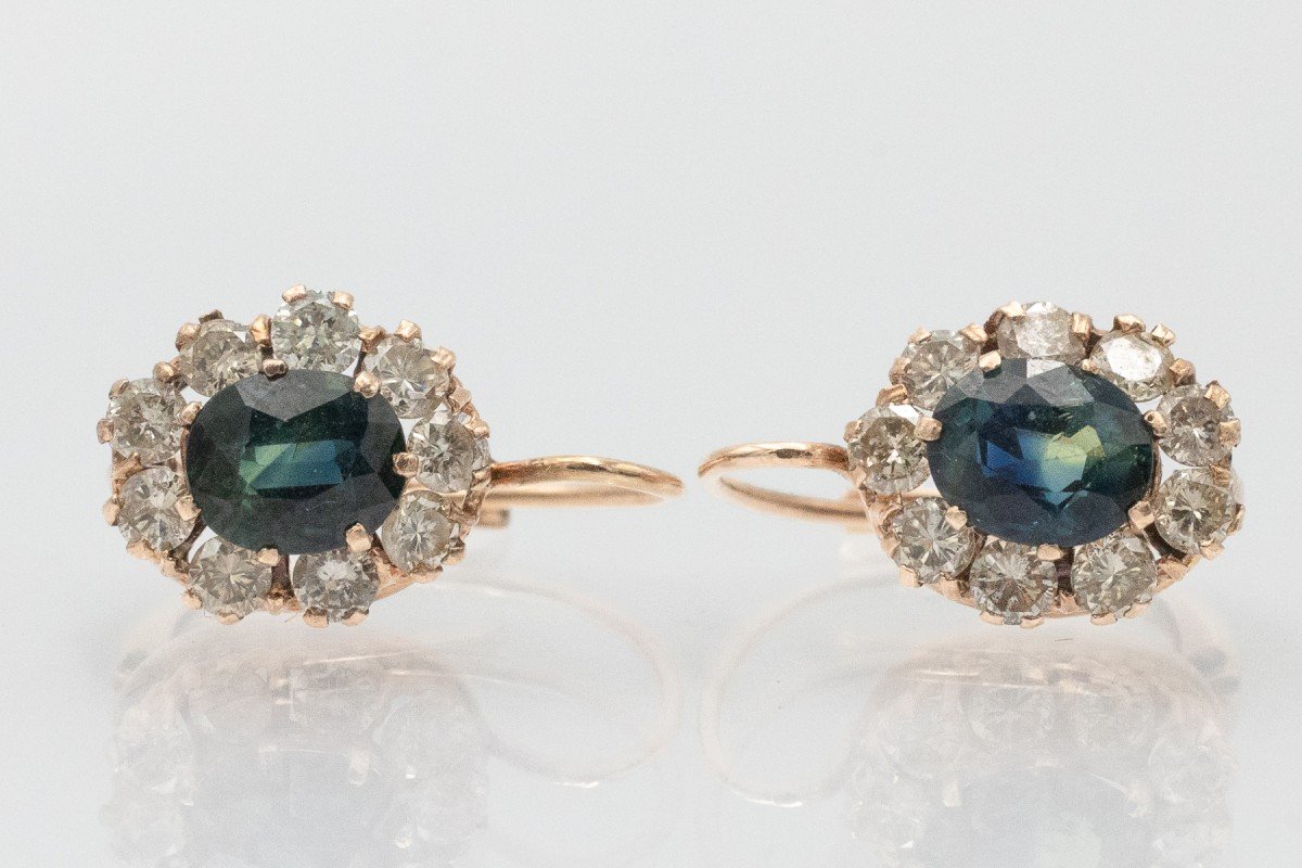 Boucles d'oreilles anciennes en or avec saphirs et diamants, milieu du XXe siècle-photo-2