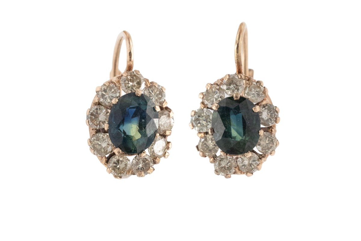 Boucles d'oreilles anciennes en or avec saphirs et diamants, milieu du XXe siècle-photo-3