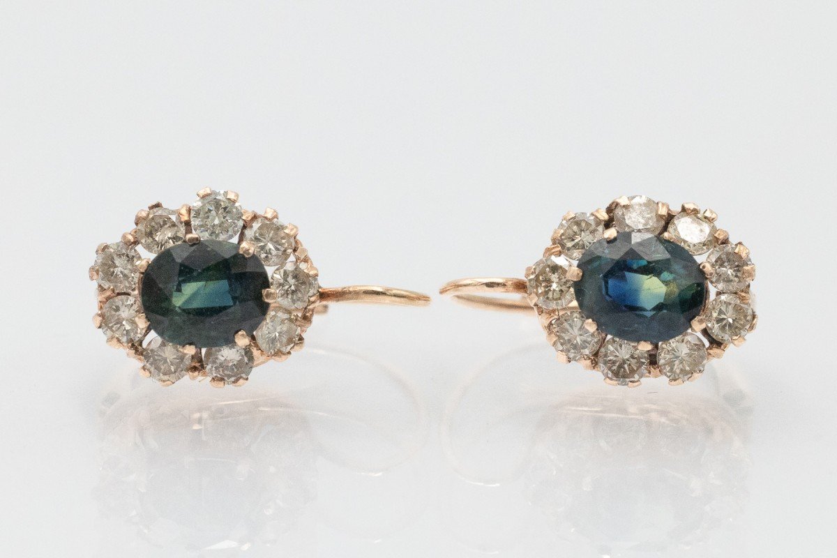 Boucles d'oreilles anciennes en or avec saphirs et diamants, milieu du XXe siècle-photo-3