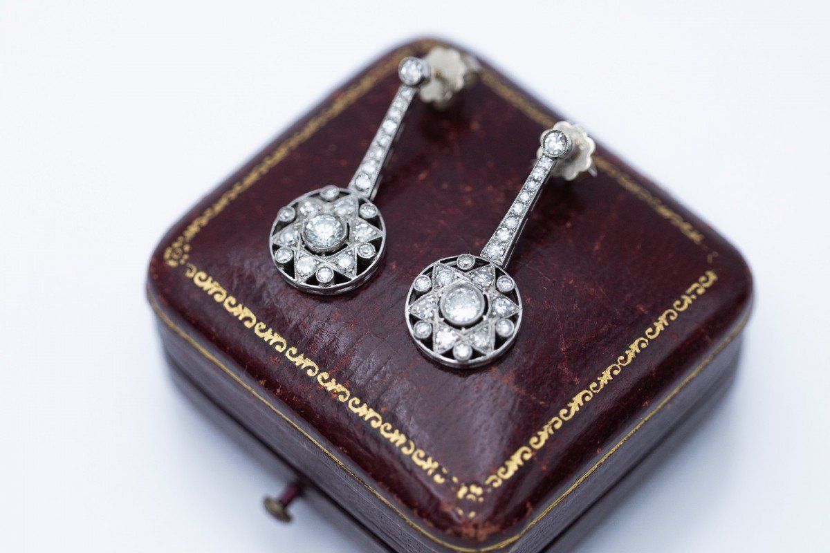Vintage Art Deco Gold And Platinum Star Motif Earrings 1.04ct Western Europe-photo-2