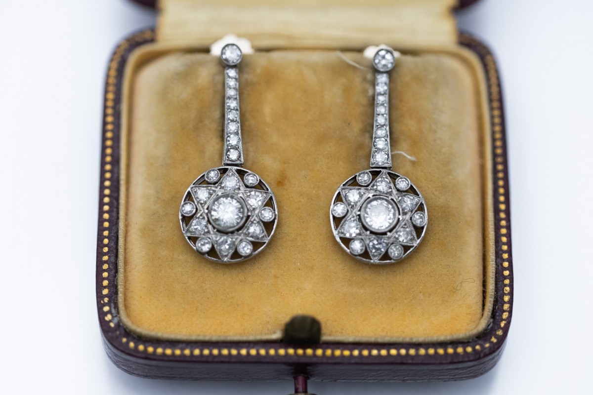 Vintage Art Deco Gold And Platinum Star Motif Earrings 1.04ct Western Europe
