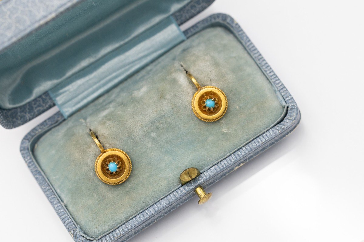 Boucles d'oreilles anciennes en or avec turquoises, Autriche-Hongrie, 1872-1922.-photo-2