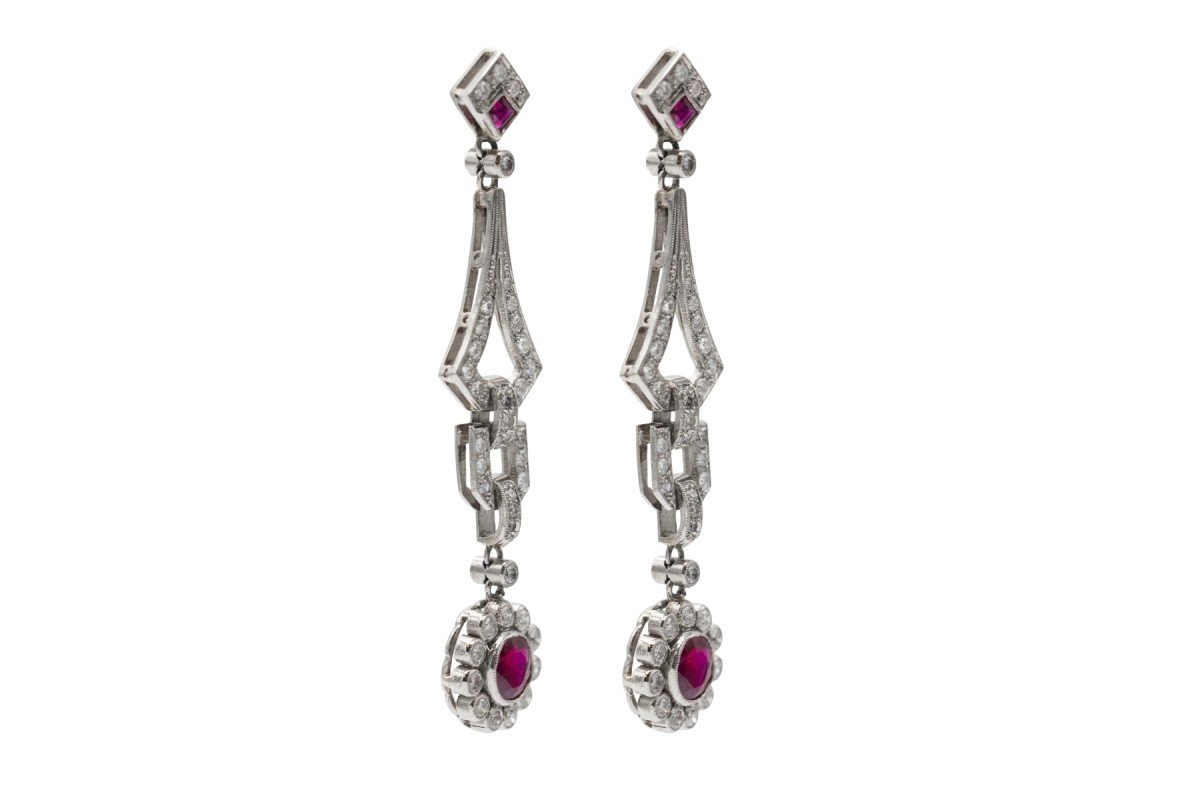 Boucles d'oreilles longues Art Déco en platine avec rubis et diamants 1,60 ct-photo-3