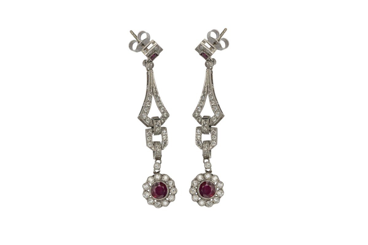Boucles d'oreilles longues Art Déco en platine avec rubis et diamants 1,60 ct-photo-1