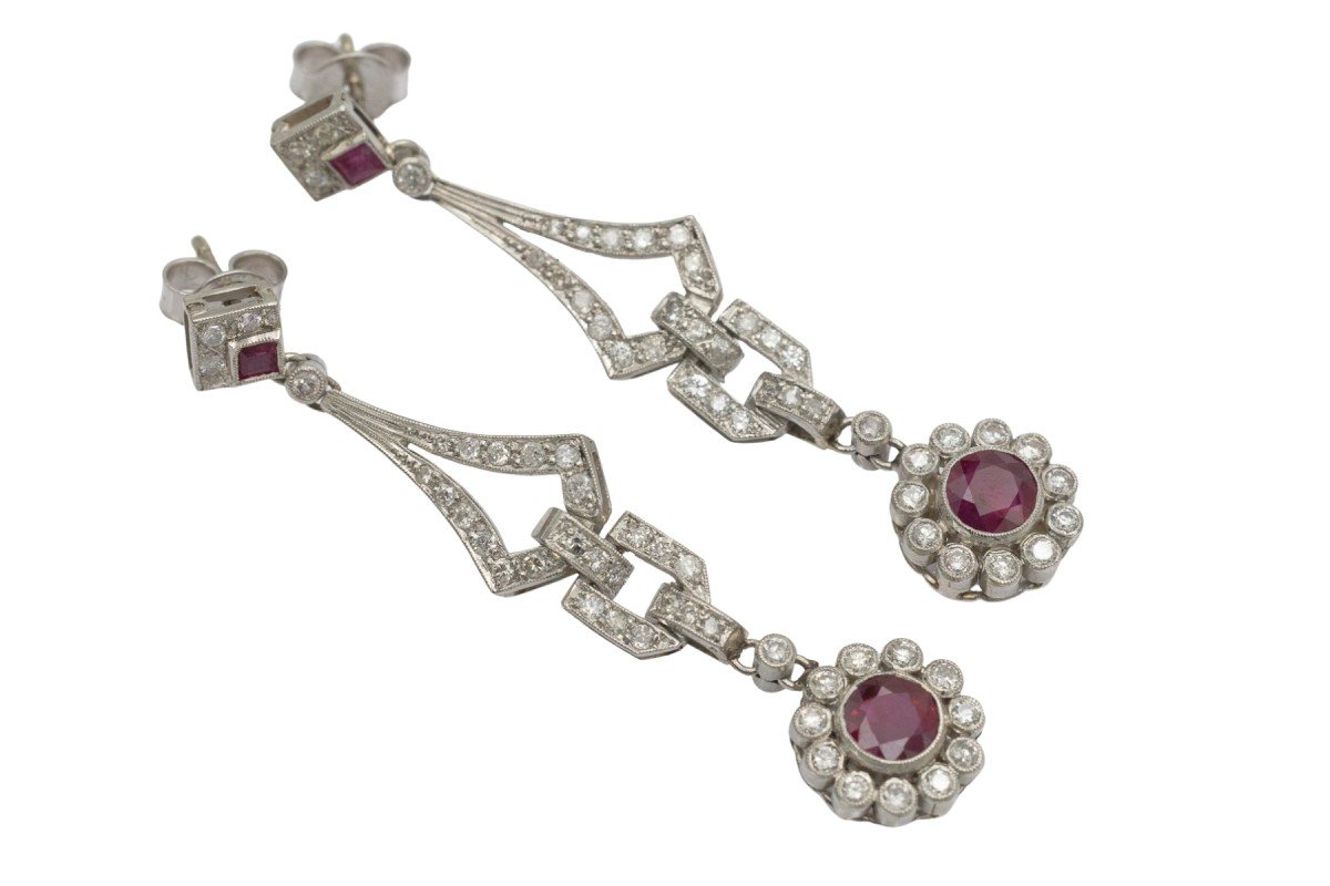 Boucles d'oreilles longues Art Déco en platine avec rubis et diamants 1,60 ct-photo-4