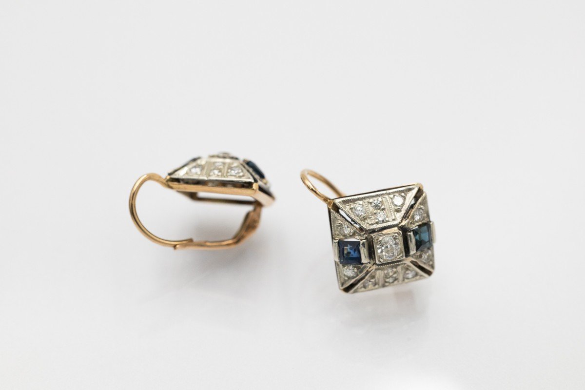 Art Deco Geometric Earrings With Diamonds And Sapphires, 1920s/1930s-photo-2