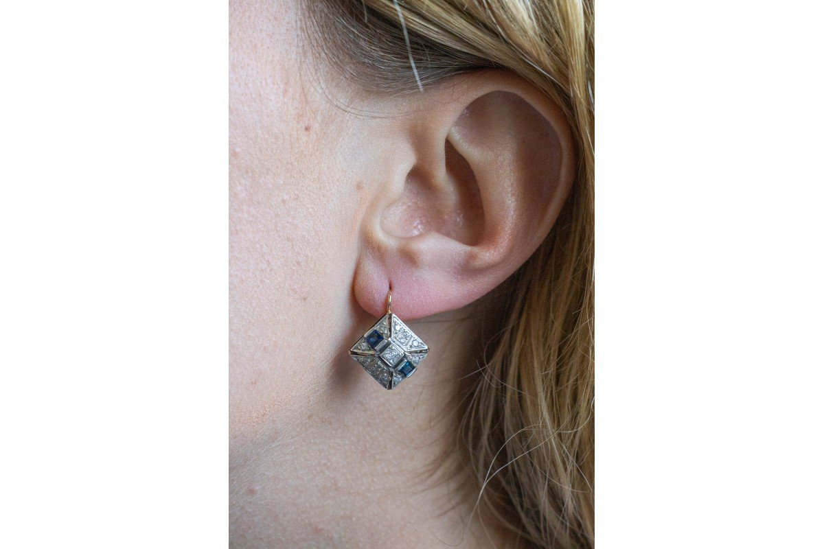Art Deco Geometric Earrings With Diamonds And Sapphires, 1920s/1930s-photo-4
