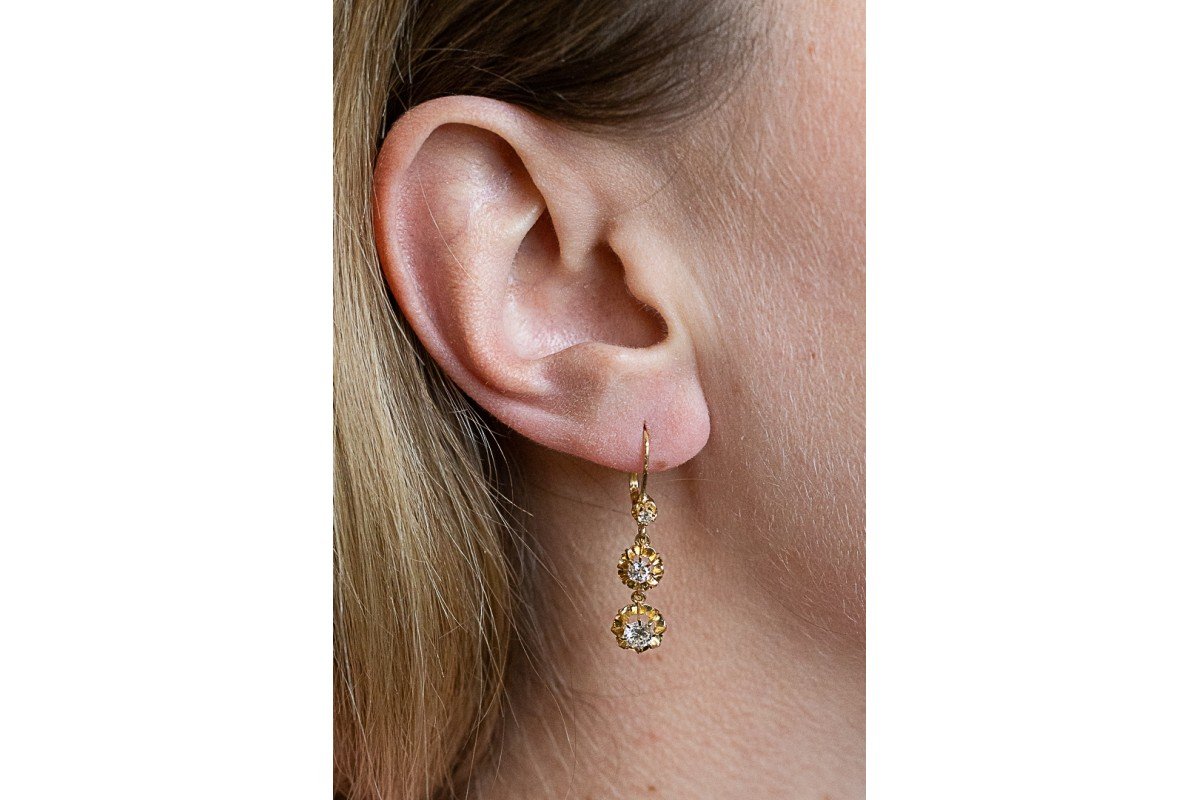 Boucles d'oreilles pendantes en or avec diamants, environ 1,00 ct, France, milieu du XXe siècle-photo-1