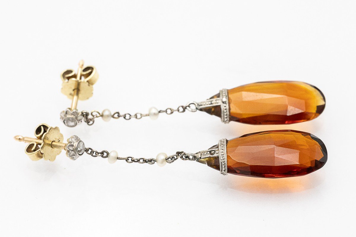Art Deco Earrings With Two Faceted Citrines, Diamonds And Pearls.-photo-2
