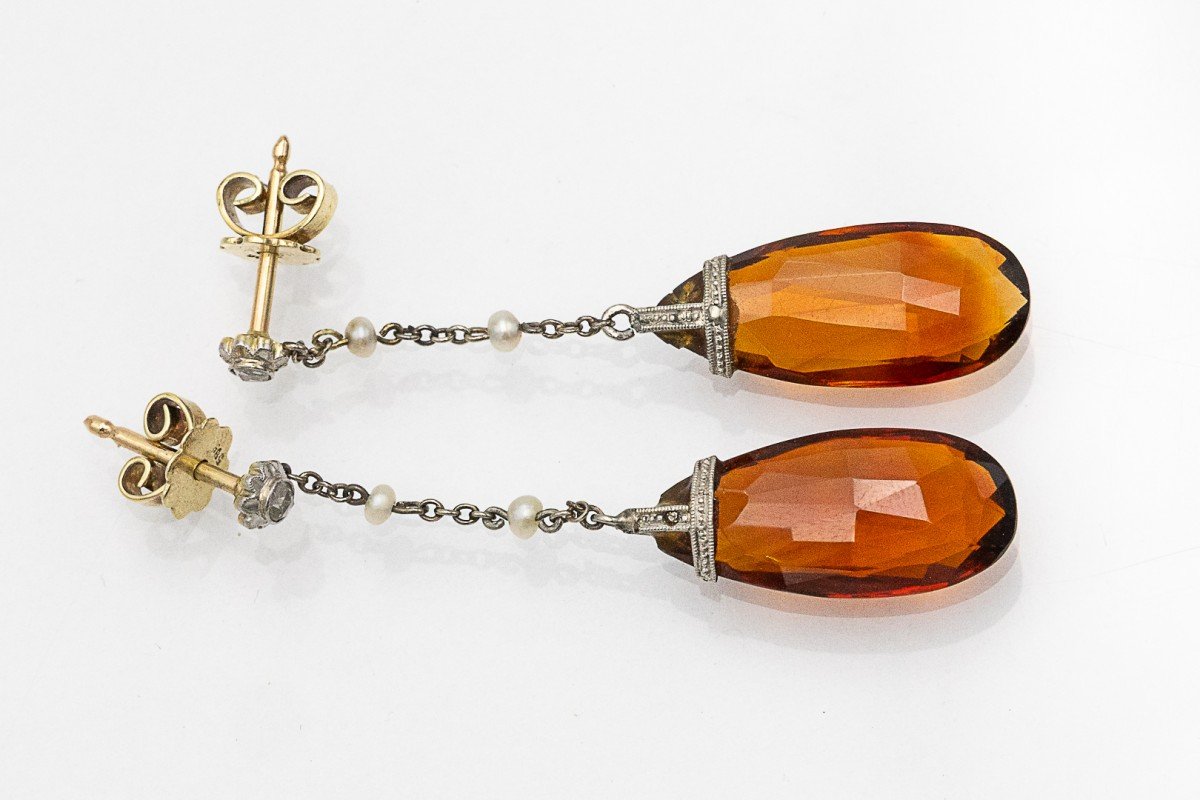 Art Deco Earrings With Two Faceted Citrines, Diamonds And Pearls.-photo-3