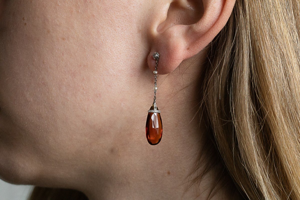 Art Deco Earrings With Two Faceted Citrines, Diamonds And Pearls.-photo-4