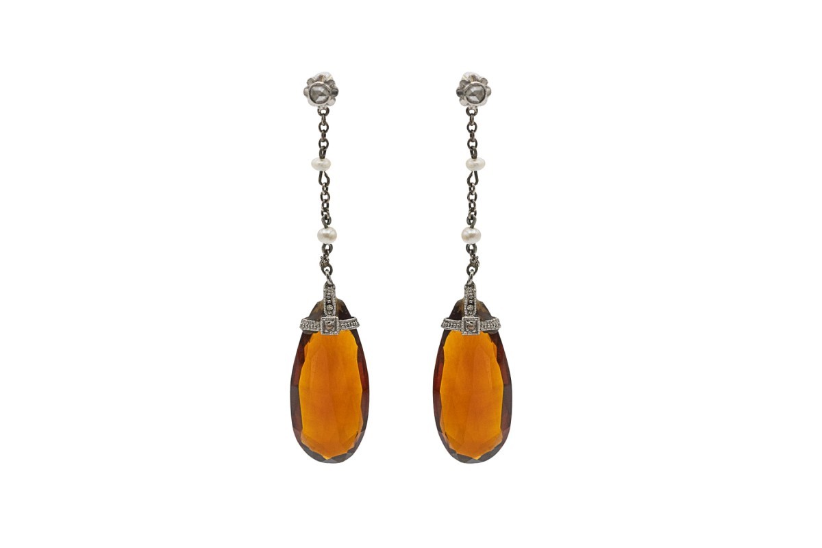 Art Deco Earrings With Two Faceted Citrines, Diamonds And Pearls.