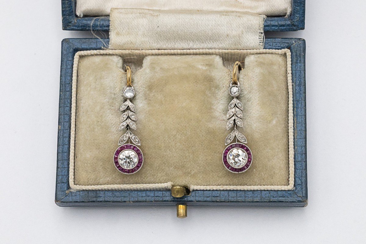 Boucles d'oreilles anciennes en or et platine avec diamants et rubis synthétiques, Pays-Bas, pr-photo-4