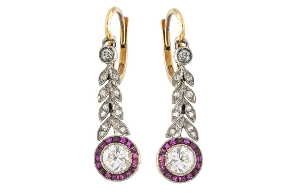Boucles d'oreilles anciennes en or et platine avec diamants et rubis synthétiques, Pays-Bas, pr-photo-2