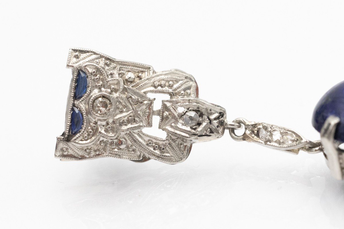 Boucles d'oreilles pendantes Art déco en platine avec lapis-lazuli et diamants-photo-2