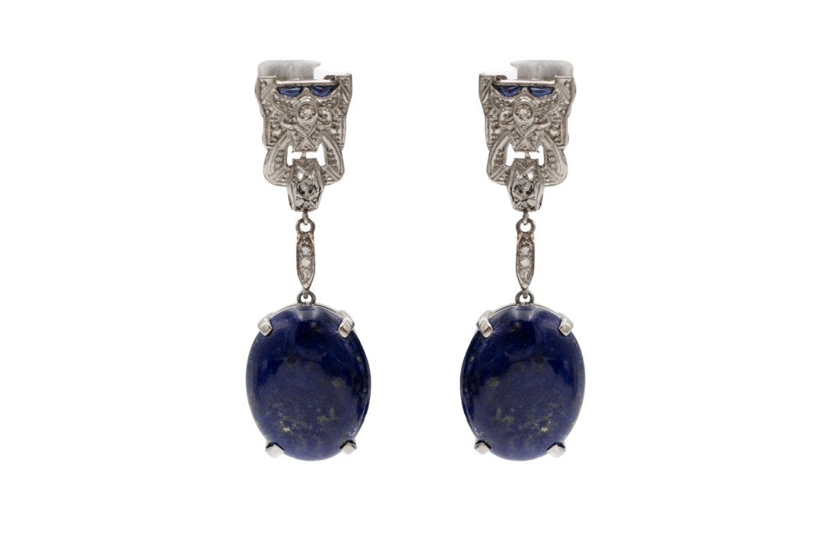 Boucles d'oreilles pendantes Art déco en platine avec lapis-lazuli et diamants