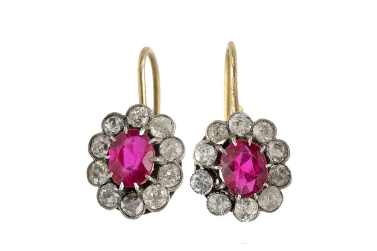 Boucles d'oreilles vintage en forme de fleurs avec diamants de 1,60 ct et rubis synthétiques-photo-4