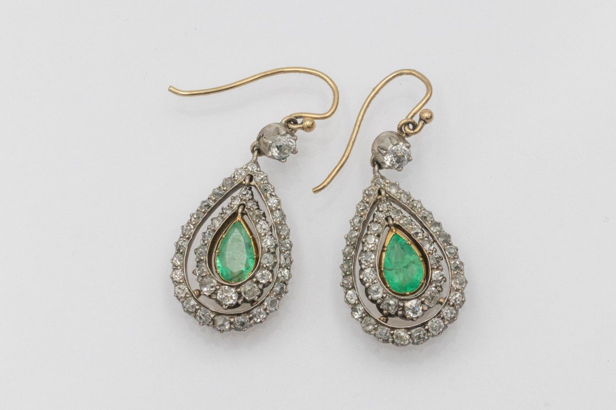 Antique Gold And Silver Earrings With Emeralds And Diamonds-photo-2