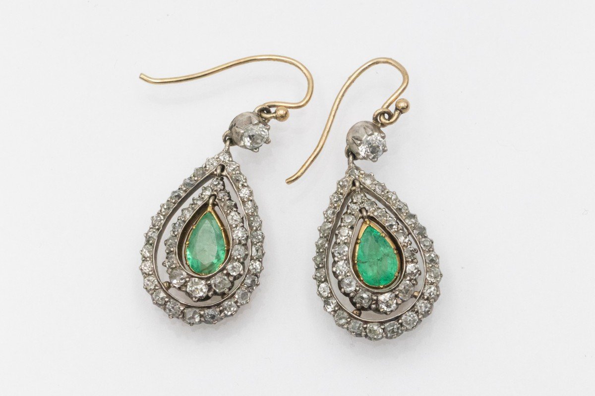 Antique Gold And Silver Earrings With Emeralds And Diamonds-photo-3