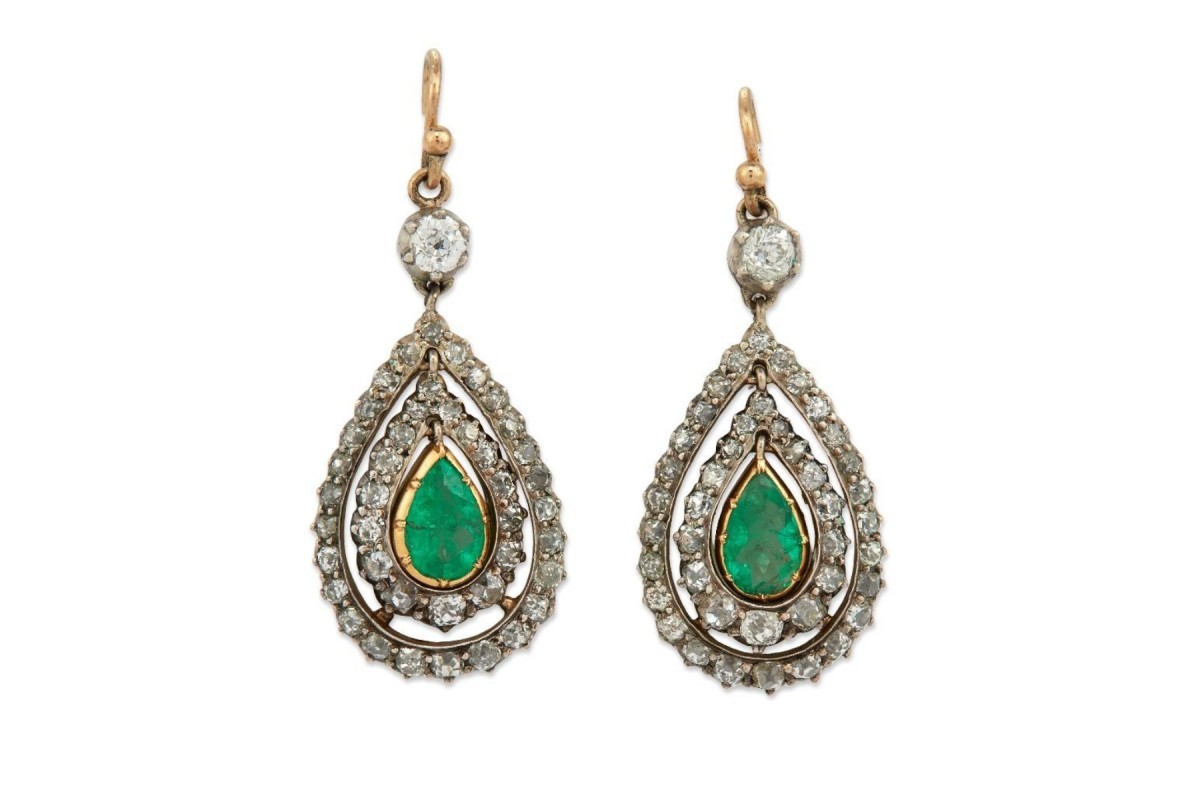 Antique Gold And Silver Earrings With Emeralds And Diamonds