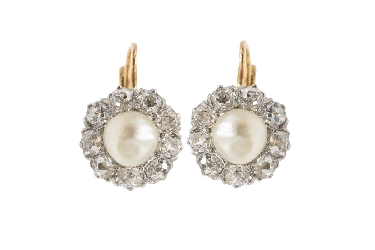 Boucles d'oreilles en or et platine avec perles et diamants 1,90 ct, début XXe siècle.-photo-4