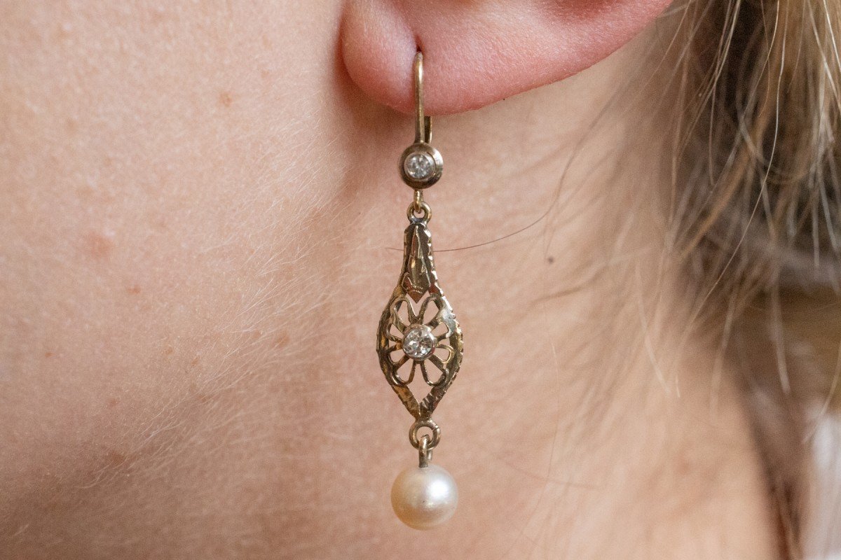Vintage Drop Earrings Adorned With Pearls And Old-cut Diamonds, First -photo-2