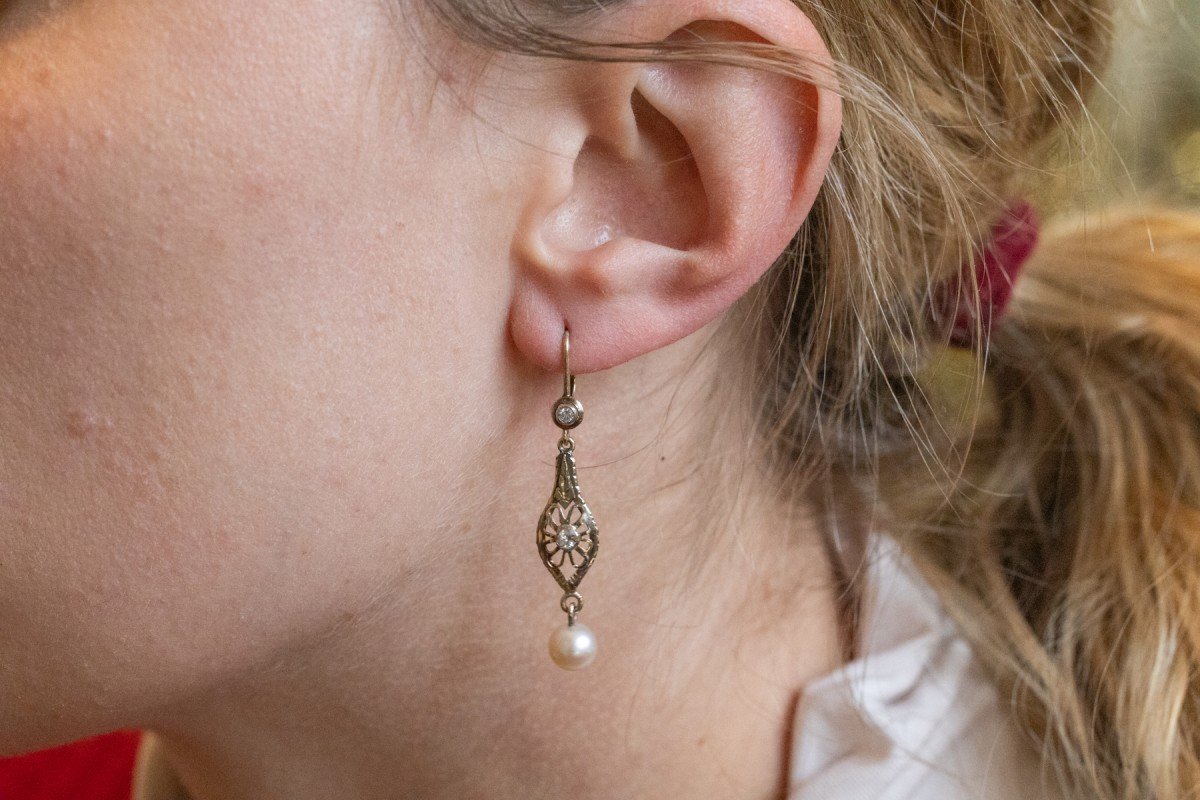 Vintage Drop Earrings Adorned With Pearls And Old-cut Diamonds, First -photo-3