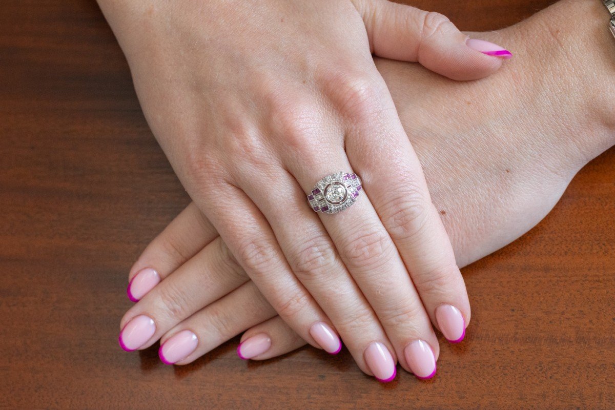 Geometric Art Deco Ring In Diamond And Ruby-photo-2
