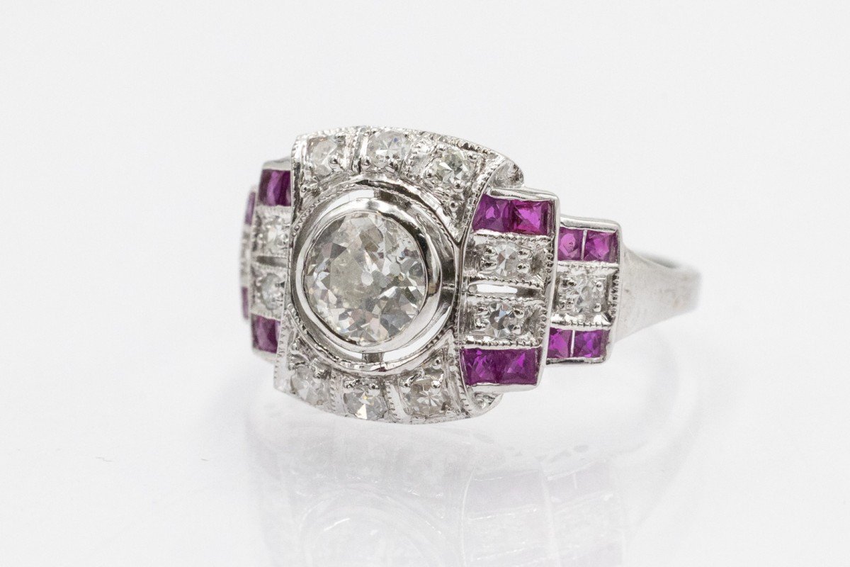 Geometric Art Deco Ring In Diamond And Ruby-photo-2