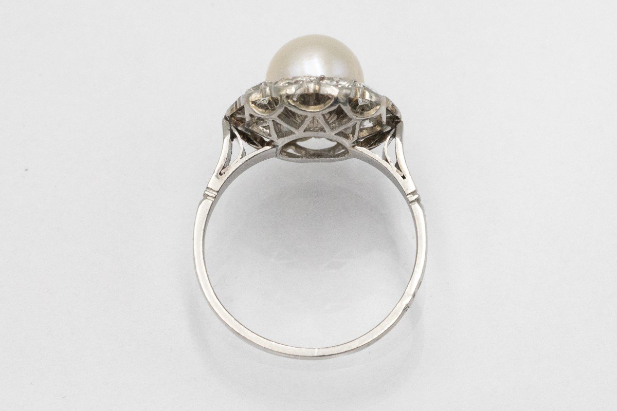 Bague en platine avec perle et diamants 1,00 ct, milieu du XXe siècle.-photo-3