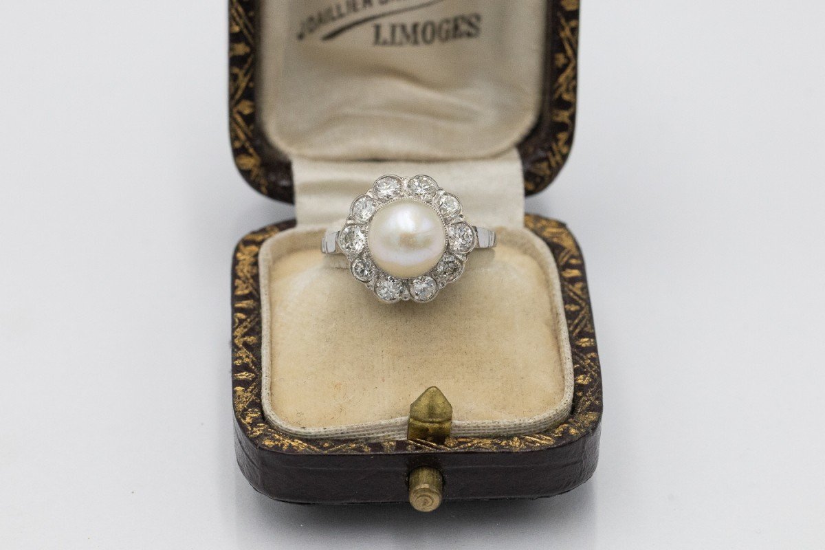 Bague en platine avec perle et diamants 1,00 ct, milieu du XXe siècle.-photo-4