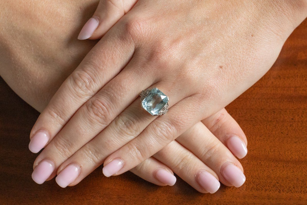 Art Deco Platinum Ring With Aquamarine And Diamonds, 1930s.-photo-3