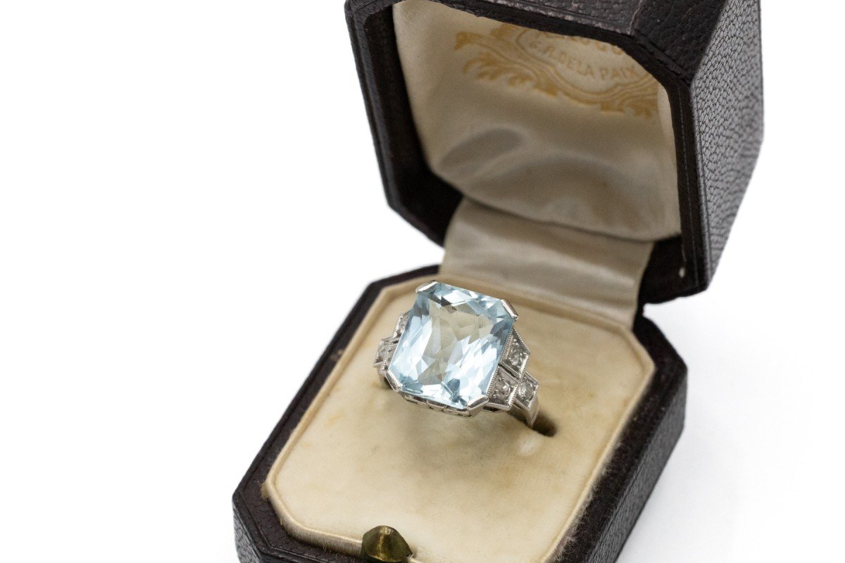 Art Deco Platinum Ring With Aquamarine And Diamonds, 1930s.-photo-4