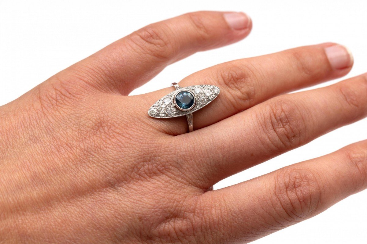 Marquise Ring In Gold, Magnificent Art Deco Style Adorned With Sapphires And Diamonds, First Half-photo-2