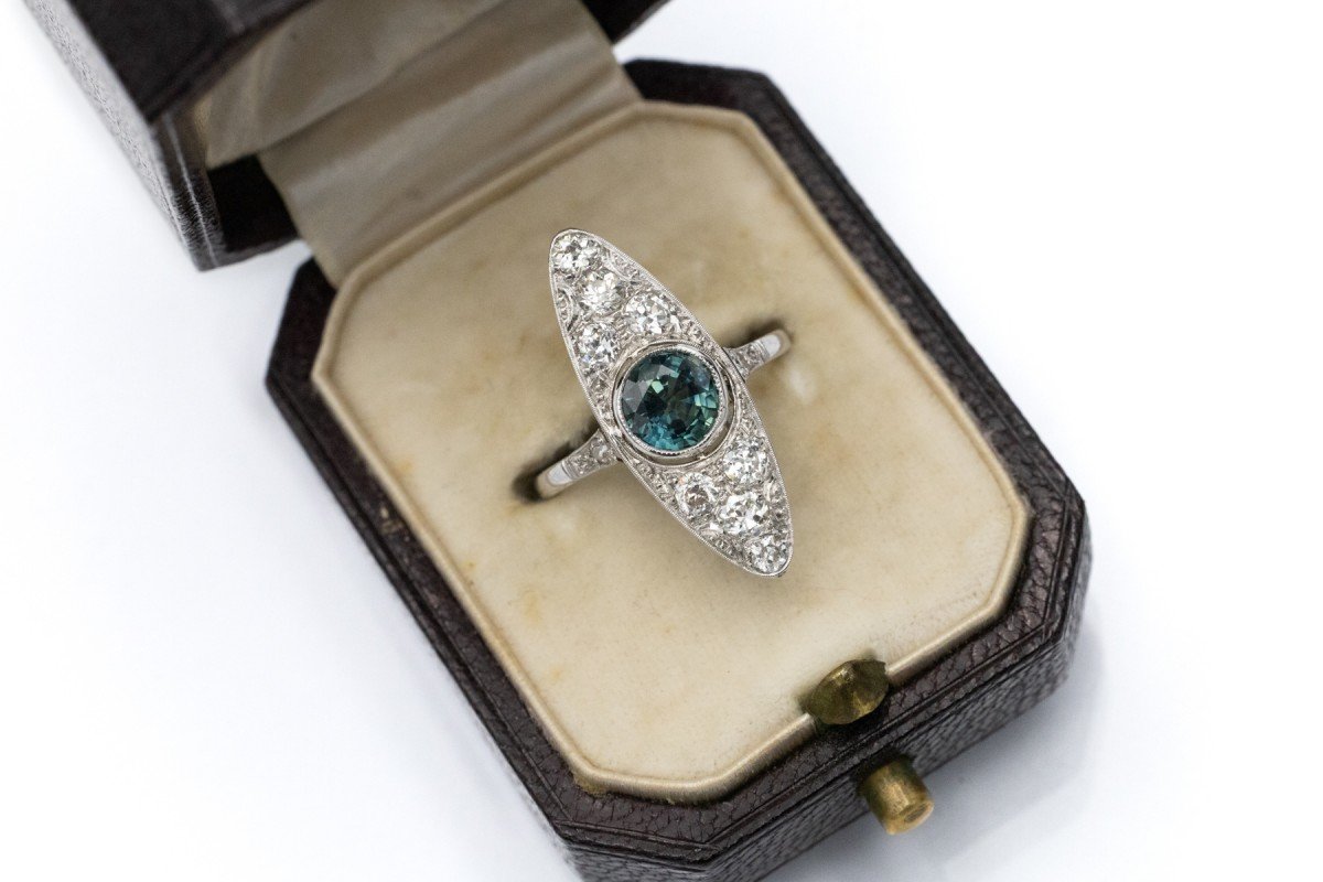 Marquise Ring In Gold, Magnificent Art Deco Style Adorned With Sapphires And Diamonds, First Half-photo-3