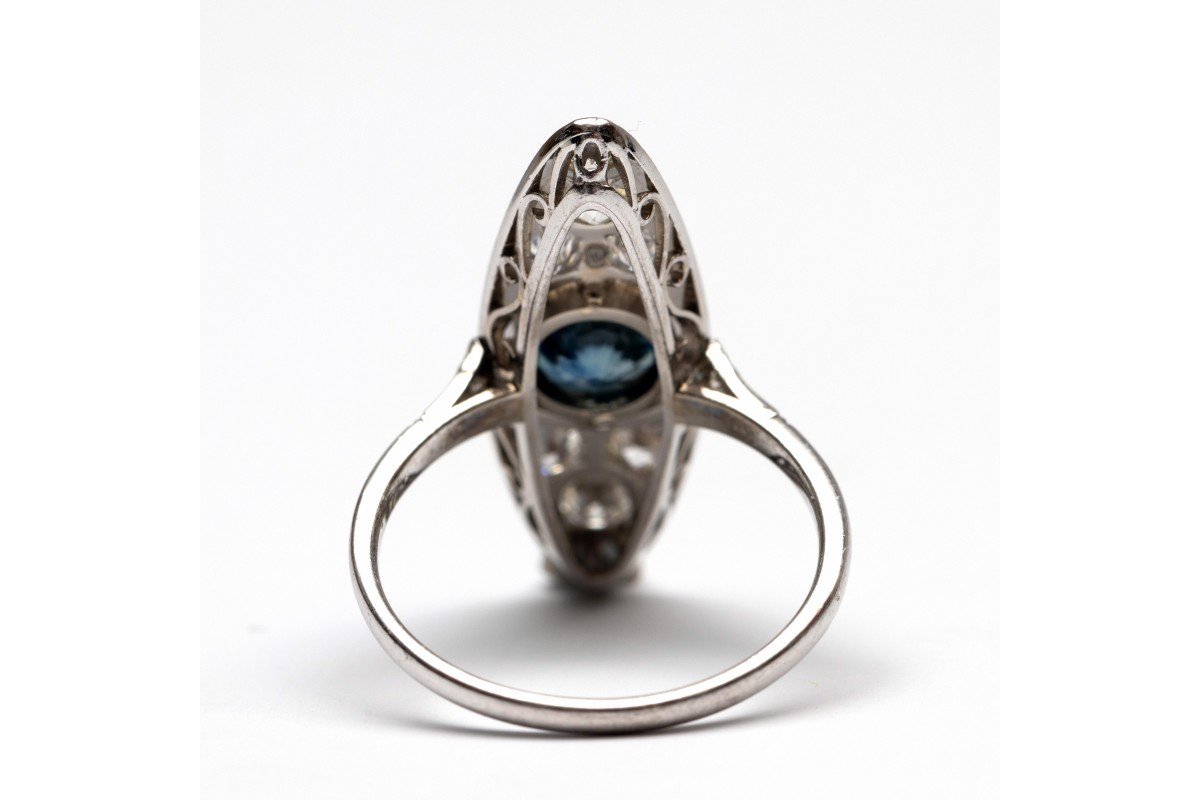 Marquise Ring In Gold, Magnificent Art Deco Style Adorned With Sapphires And Diamonds, First Half-photo-1