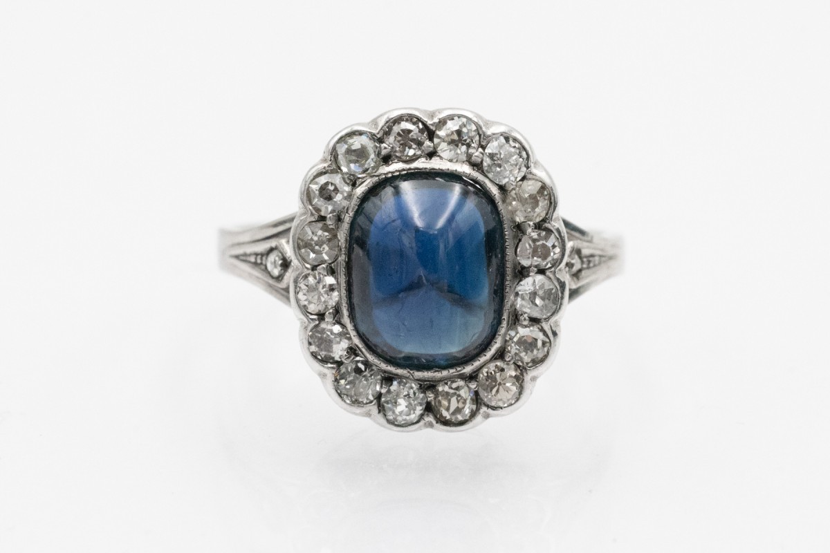 Art Deco Ring With Cabochon Sapphire And Diamonds
