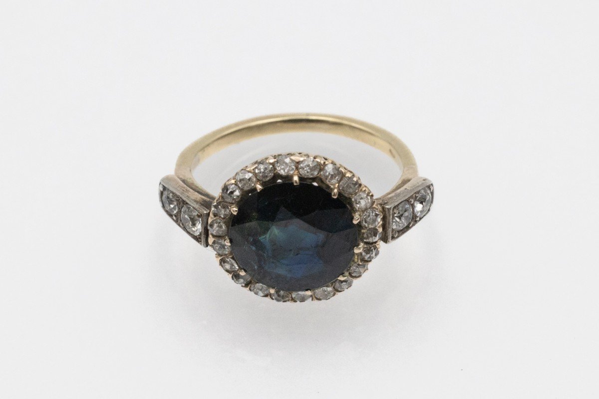Antique Gold Ring Adorned With A Sapphire And Impressive Diamonds, Early 20th Century.-photo-2