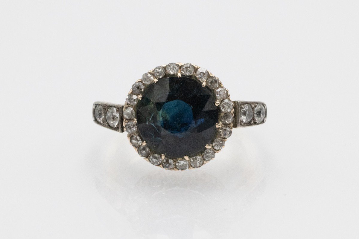 Antique Gold Ring Adorned With A Sapphire And Impressive Diamonds, Early 20th Century.-photo-1