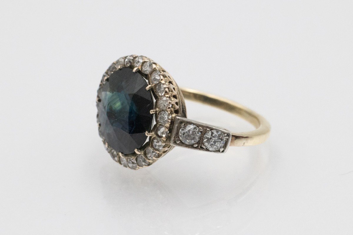 Antique Gold Ring Adorned With A Sapphire And Impressive Diamonds, Early 20th Century.-photo-4