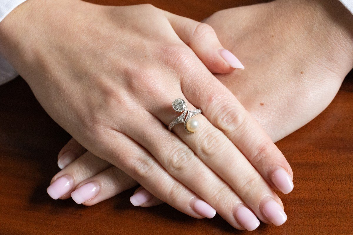 Bague Toi et Moi avec diamant de 1,00 ct et perle-photo-3