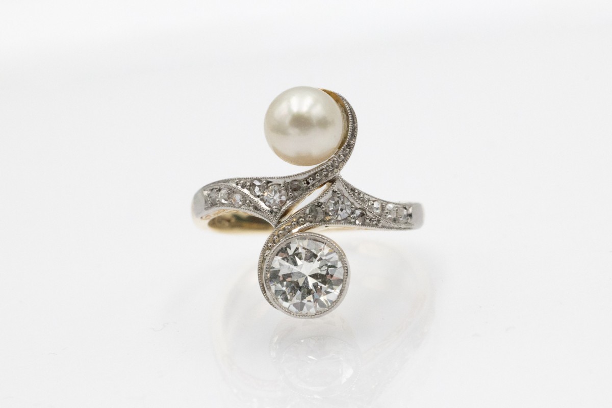 Bague Toi et Moi avec diamant de 1,00 ct et perle