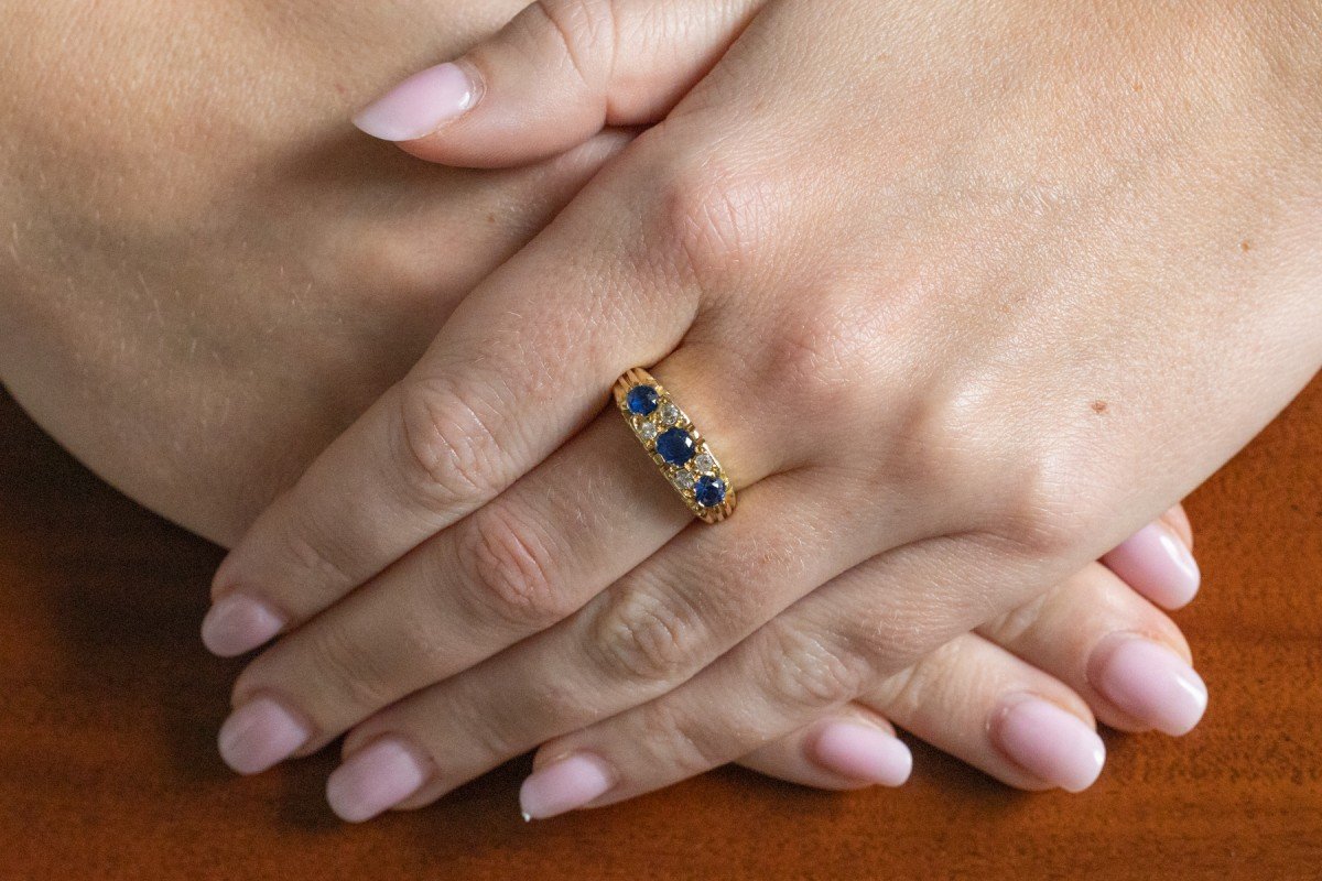 Vintage Gold Ring With Sapphires And Diamonds, Great Britain, Sheffield, 1993.-photo-2