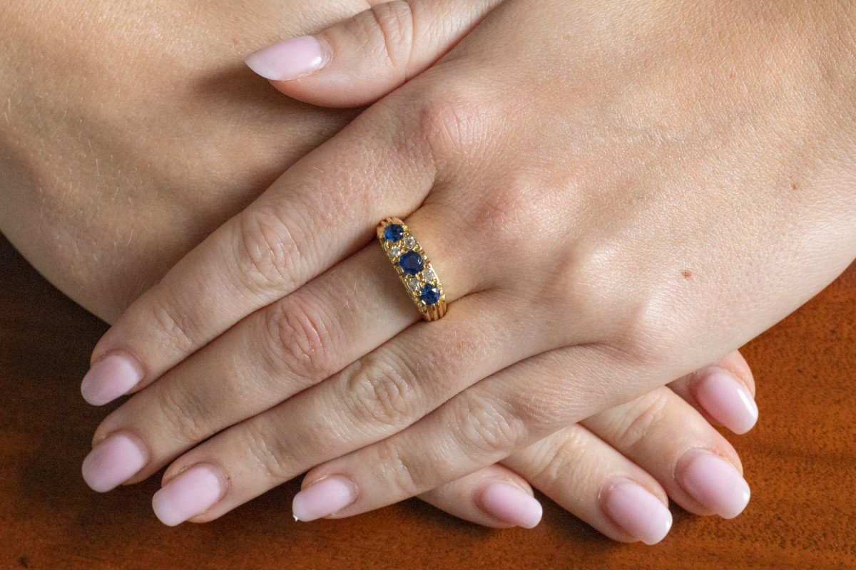 Vintage Gold Ring With Sapphires And Diamonds, Great Britain, Sheffield, 1993.-photo-7